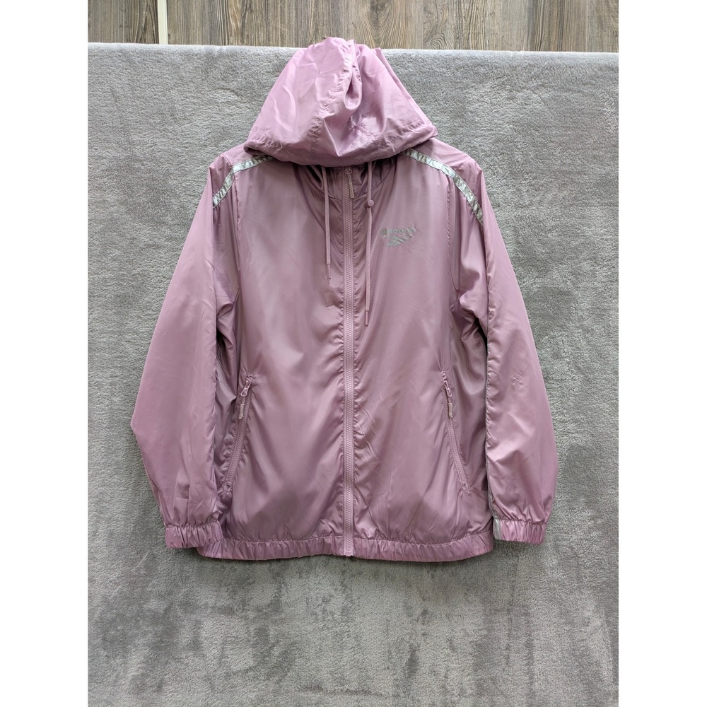 Sporty Windbreaker Jacket Womens Large Purple Reebok Hooded Full Zip Reflective